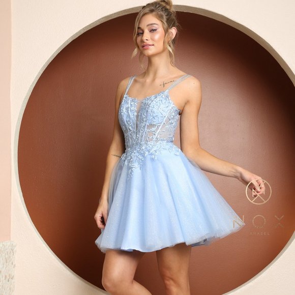 NEW BABY-BLUE OFF SHOULDER SLEEVELESS EMBROIDERY MINI GOWN WITH STRAPS NX T724 - Picture 3 of 9